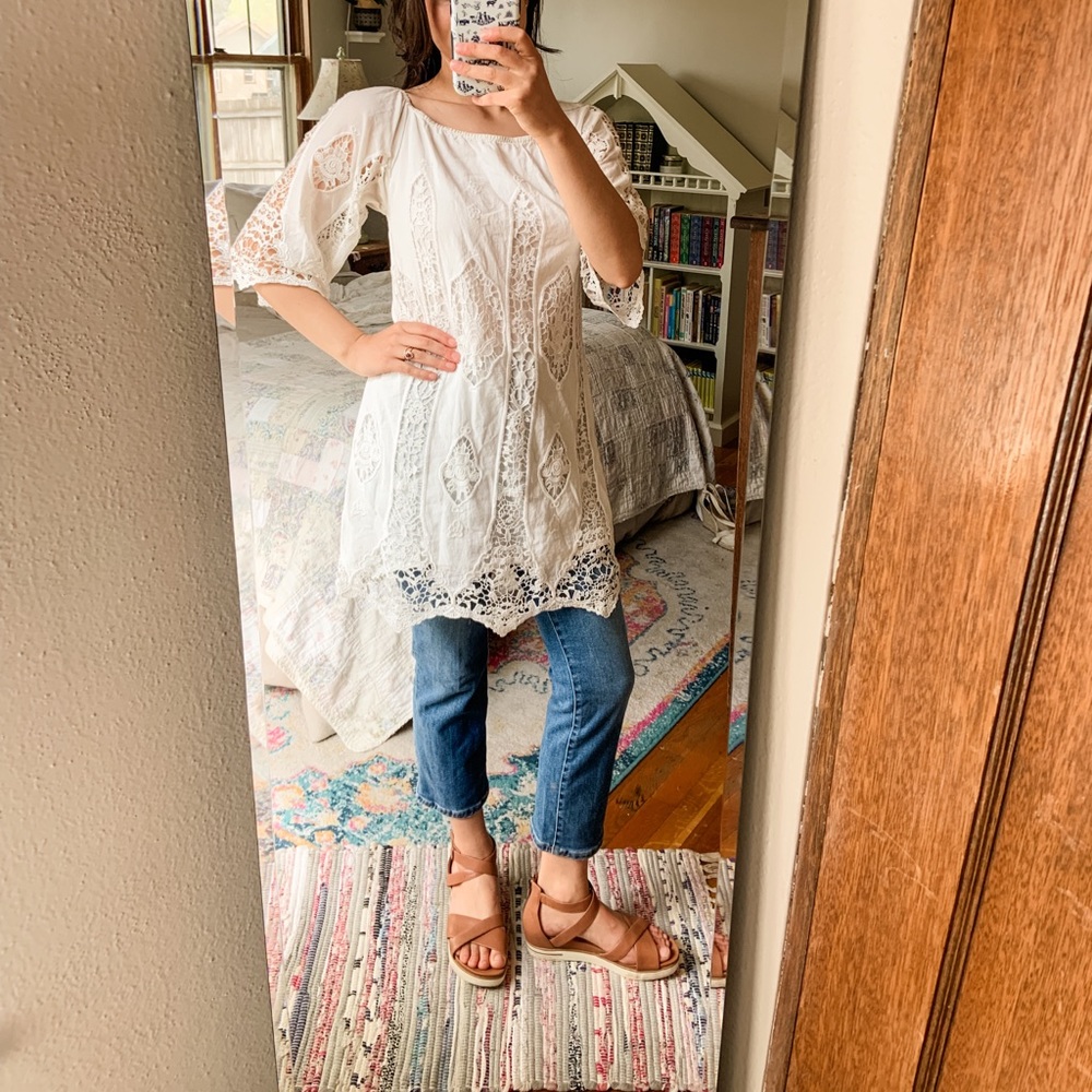 Staring At Stars White Cotton Lace Tunic Mini Dress Top Size Medium